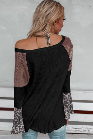 Black Sequin Patchwork Bell Sleeve V Neck Tunic Top-1