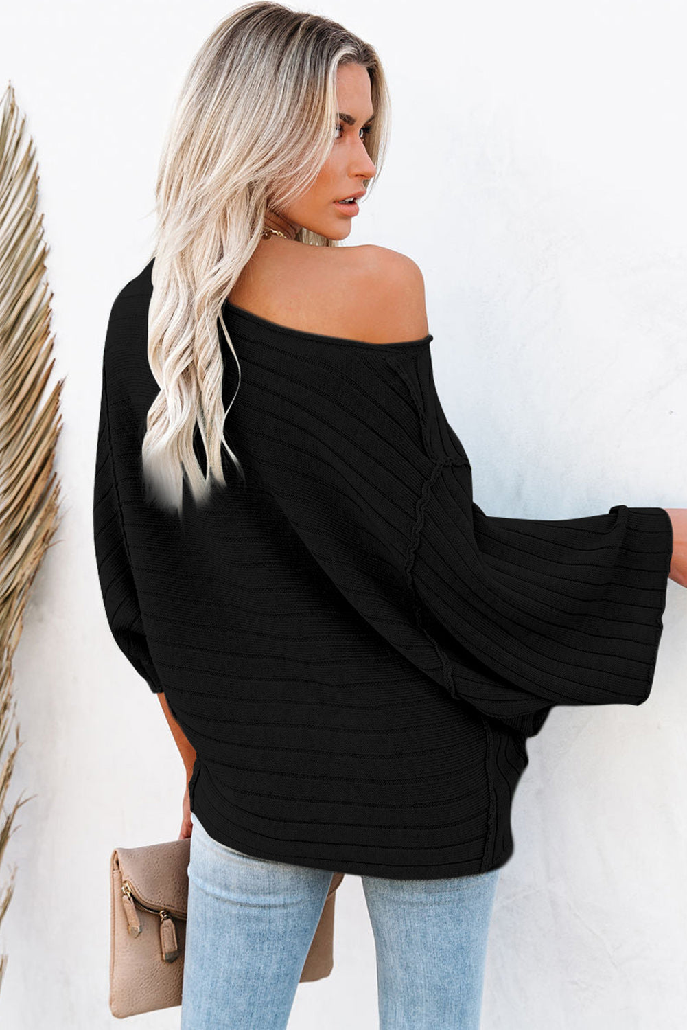 Black Exposed Seam Ribbed Knit Dolman Top-1