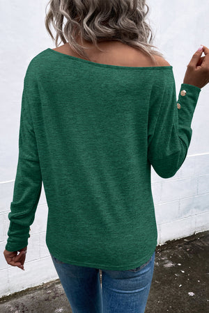 Green Asymmetrical Cut Out Buttoned Long Sleeve Top-1