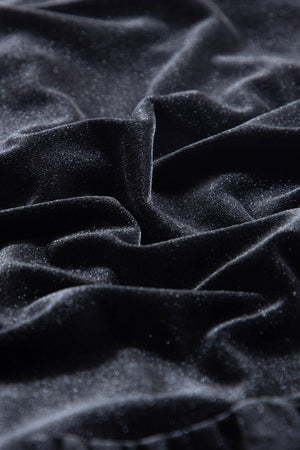 Black Sequin Puff Sleeve Buttoned Velvet Peplum Shirt-11