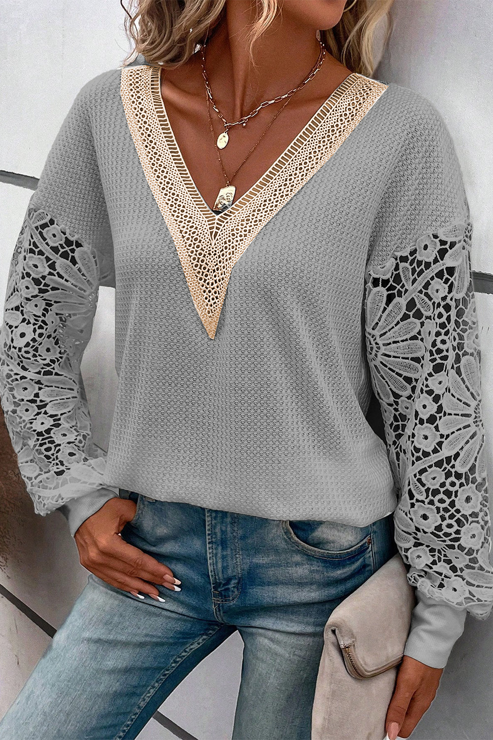 Gray Lace Splicing V Neck Puff Sleeve Top-2