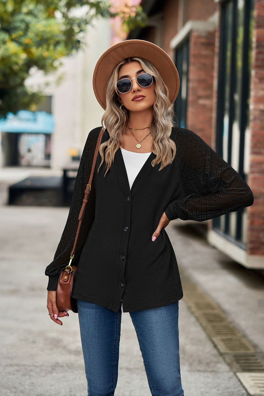 Black Waffled Knit Lace Long Sleeve Buttoned Cardigan-7
