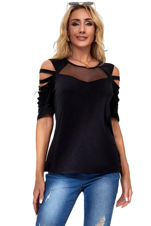 Black Fishnet Splicing Strappy Cutout Shoulder Sleeve Top-10