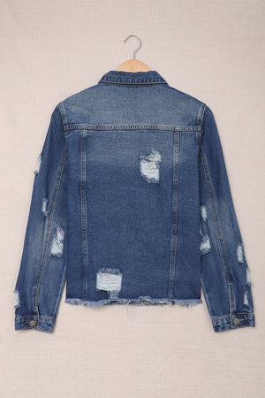 Blue Lapel Distressed Raw Hem Buttons Denim Jacket-6