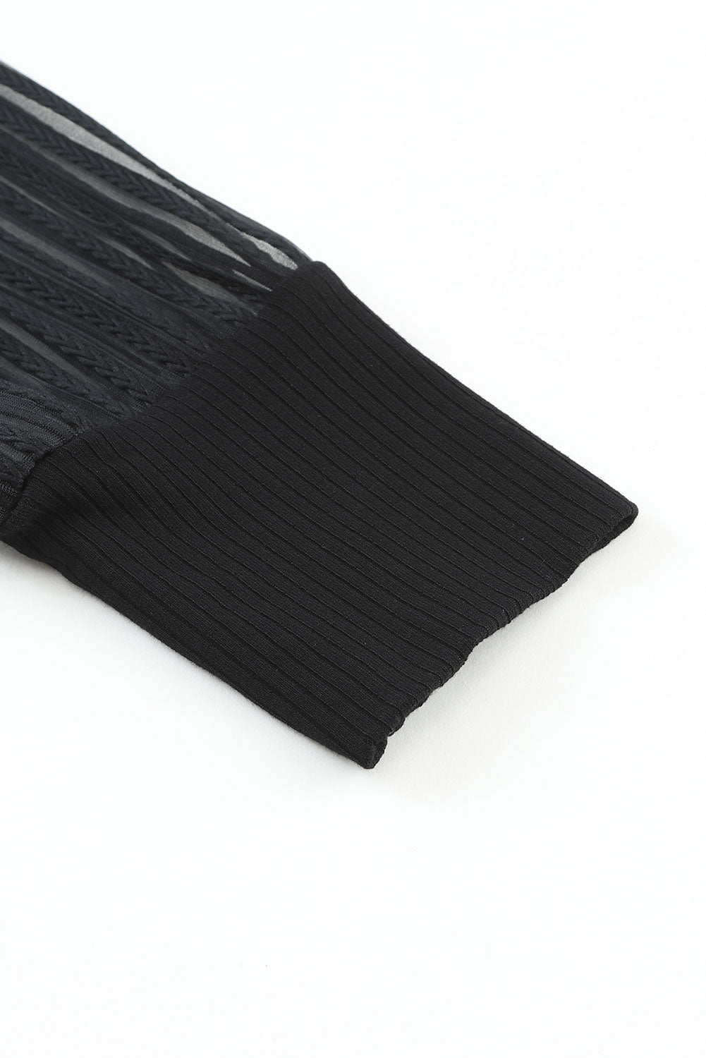 Black Striped Mesh Long Sleeve Crewneck Ribbed Top-13