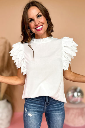 White Solid Color Scalloped Ruffle Sleeve Top-1