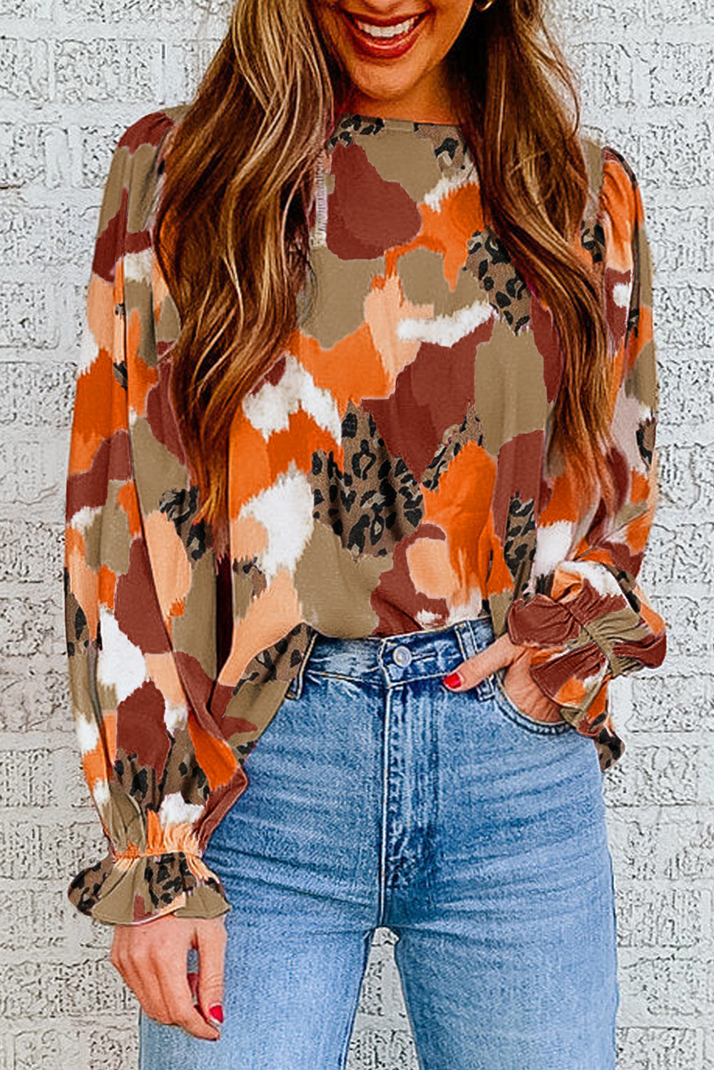 Abstract Printed Long Sleeve Blouse-0