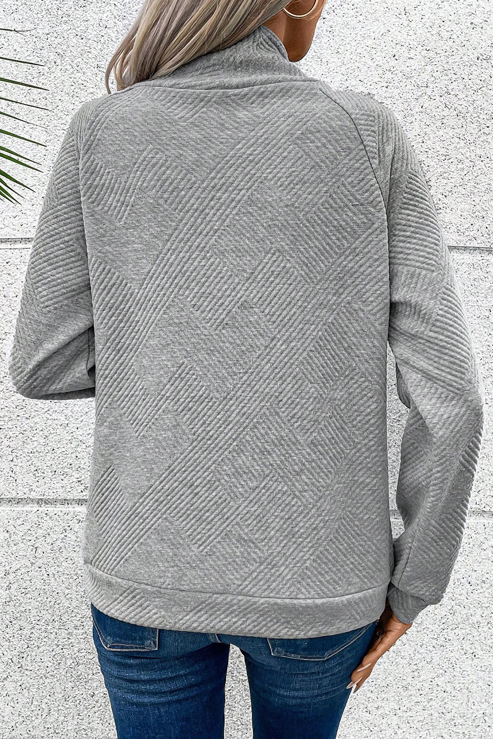 Gray Asymmetric Buttons Detail High Neck Textured Sweatshirt-1