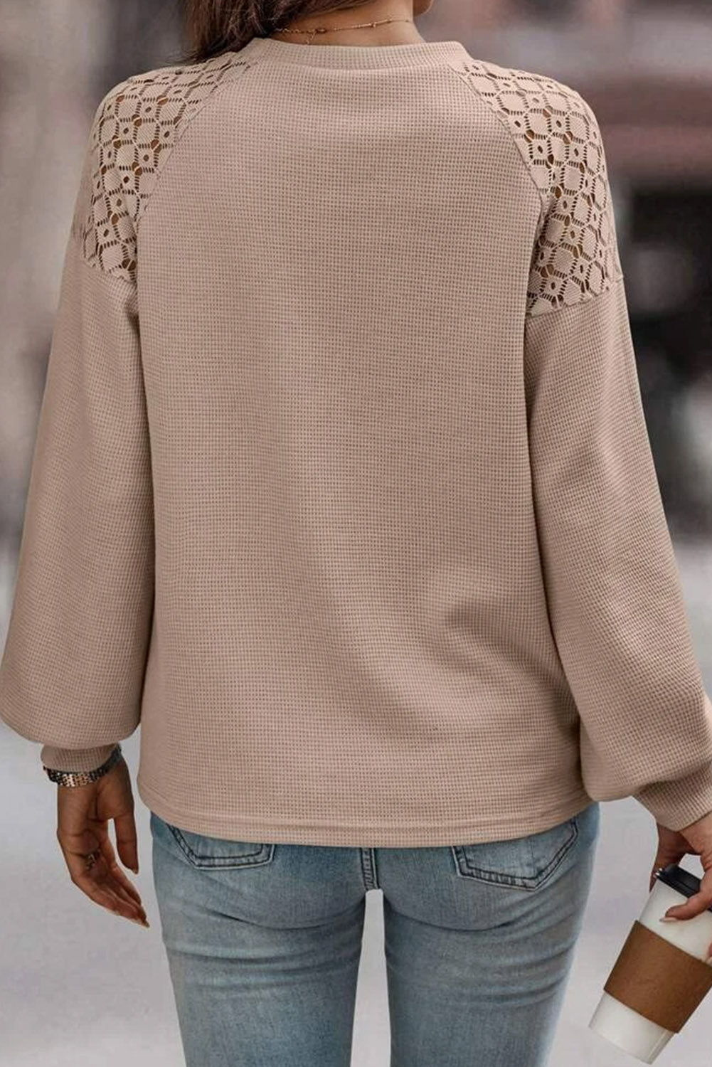 Khaki Lace Long Sleeve Textured Pullover-1