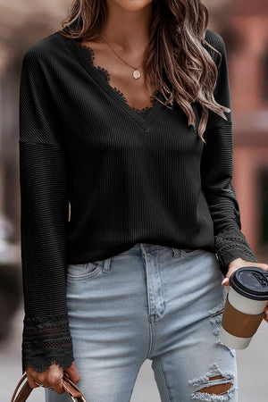 Black Ribbed Texture Lace Trim V Neck Long Sleeve Top-2