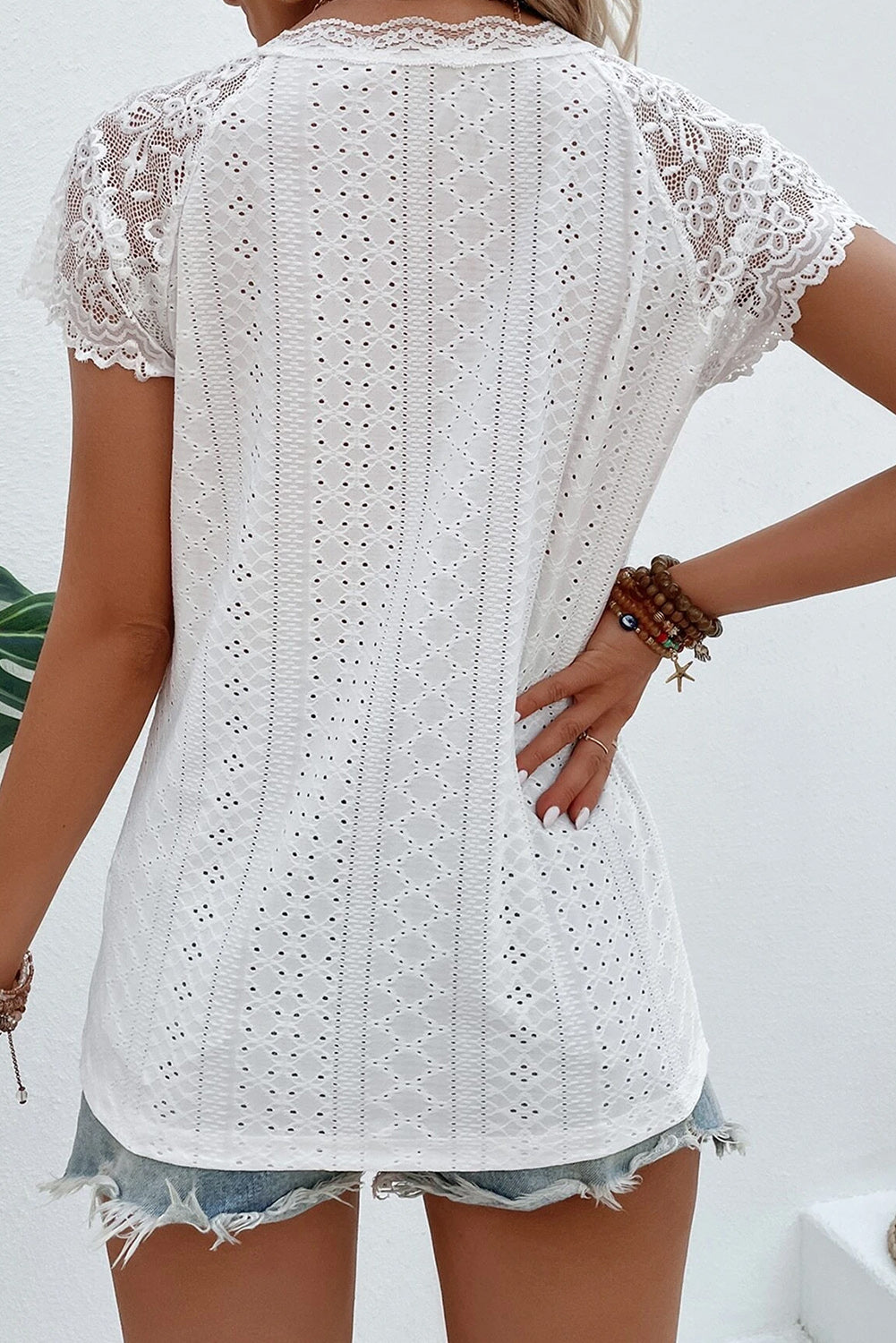 White Sheer Lace Short Sleeves Eyelet Embroidered Tee-1