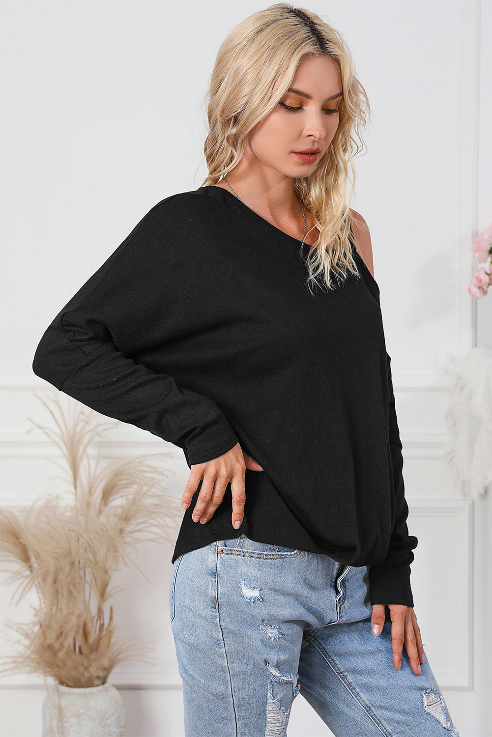 Black Asymmetric Strappy Cold Shoulder Long Sleeve Top-4