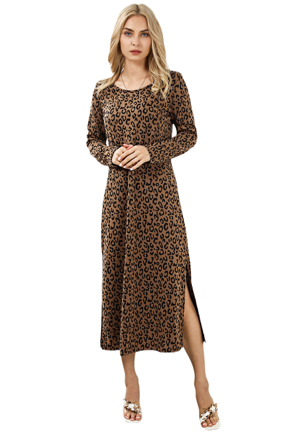 Leopard Round Neck Long Sleeve Split Dress-12