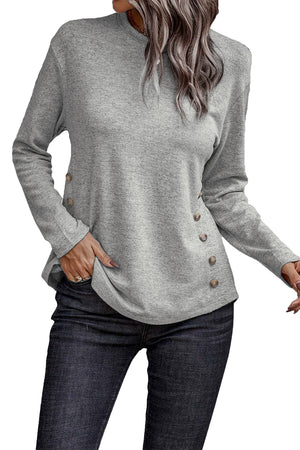 Gray Side Buttons Crew Neck Knit Top-4