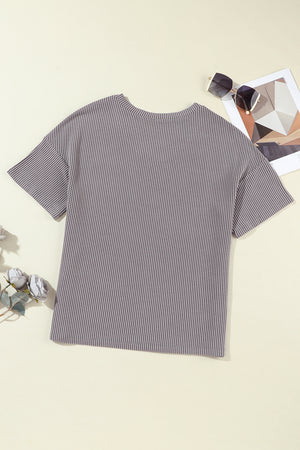 Light Grey Corded V Neck Chest Pocket Loose T-shirt-6