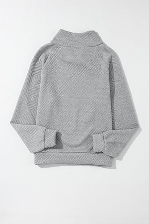 Gray Asymmetric Buttons Detail High Neck Textured Sweatshirt-8