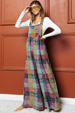 Multicolour Brushed Checkered Wide Leg Overalls-4