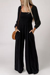 Black Smocked Square Neck Long Sleeve Wide Leg Jumpsuit-0