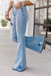 Sky Blue High Waist Buttoned Distressed Flared Jeans-8