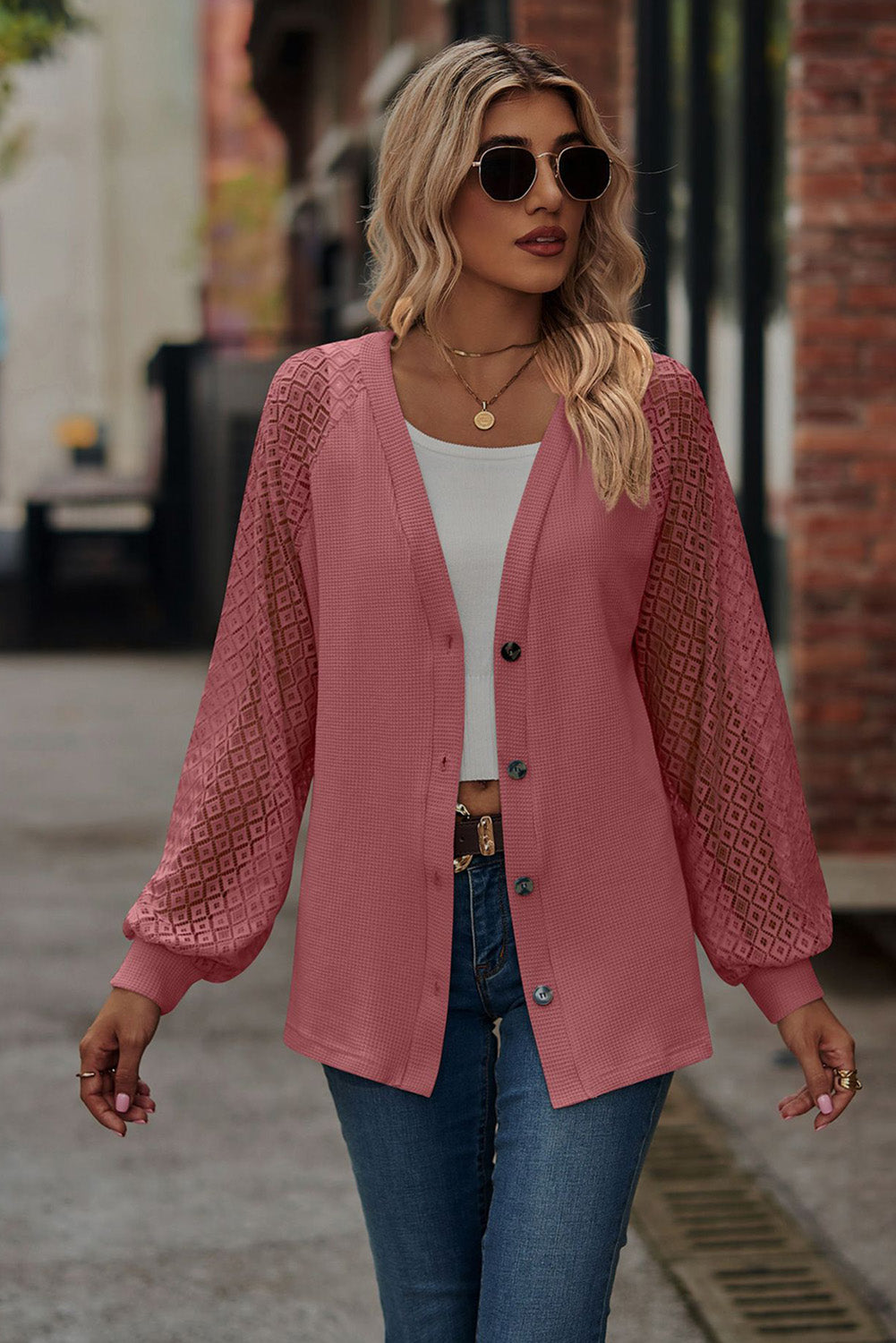 Waffled Knit Lace Long Sleeve Buttoned Cardigan-6