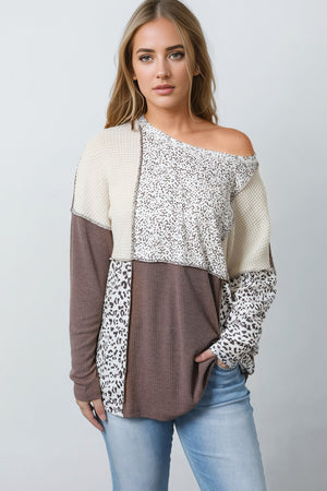 Leopard Colorblock Textured Knit Patchwork Top-4