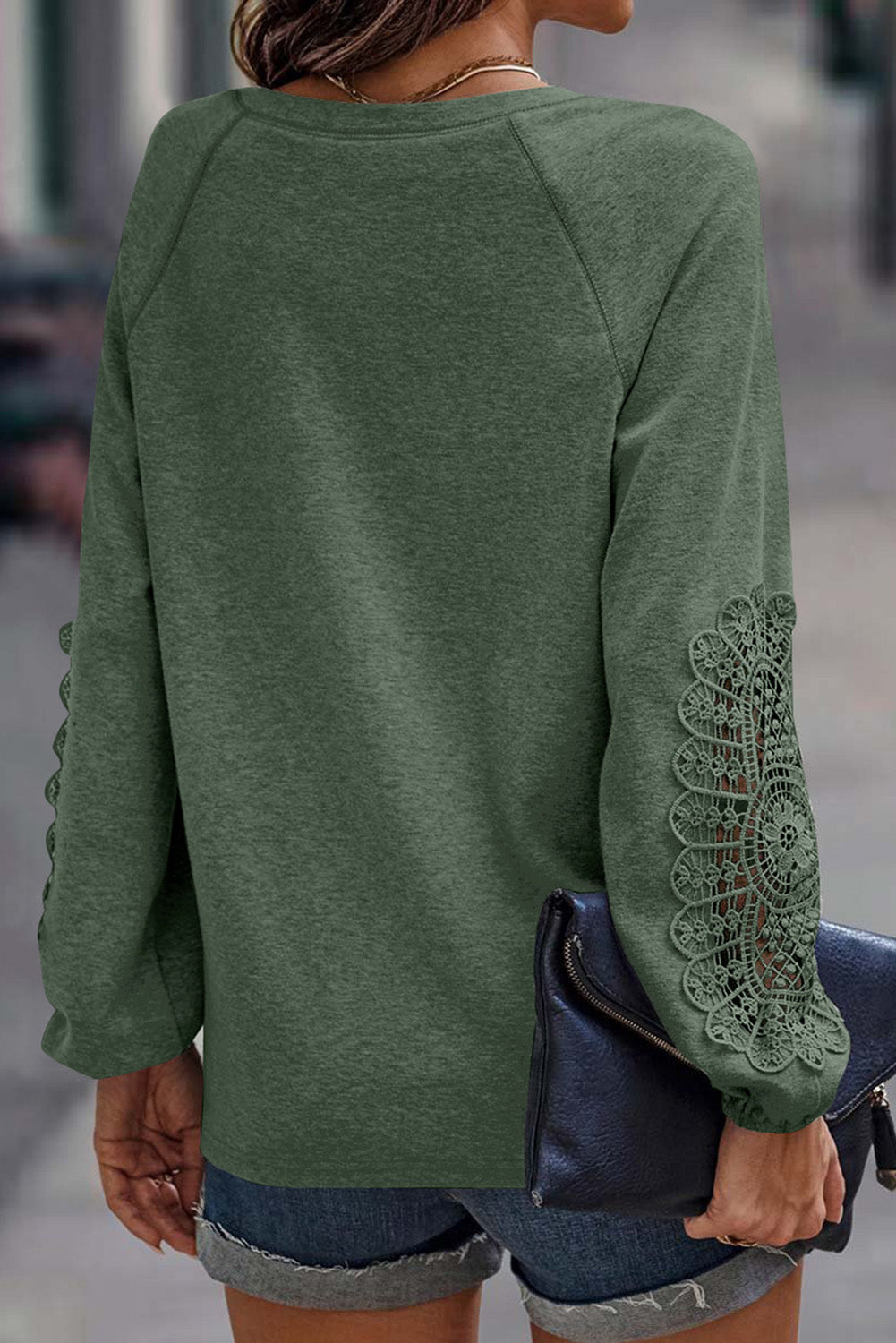 Green Crochet Lace Patch Raglan Sleeve Top-1