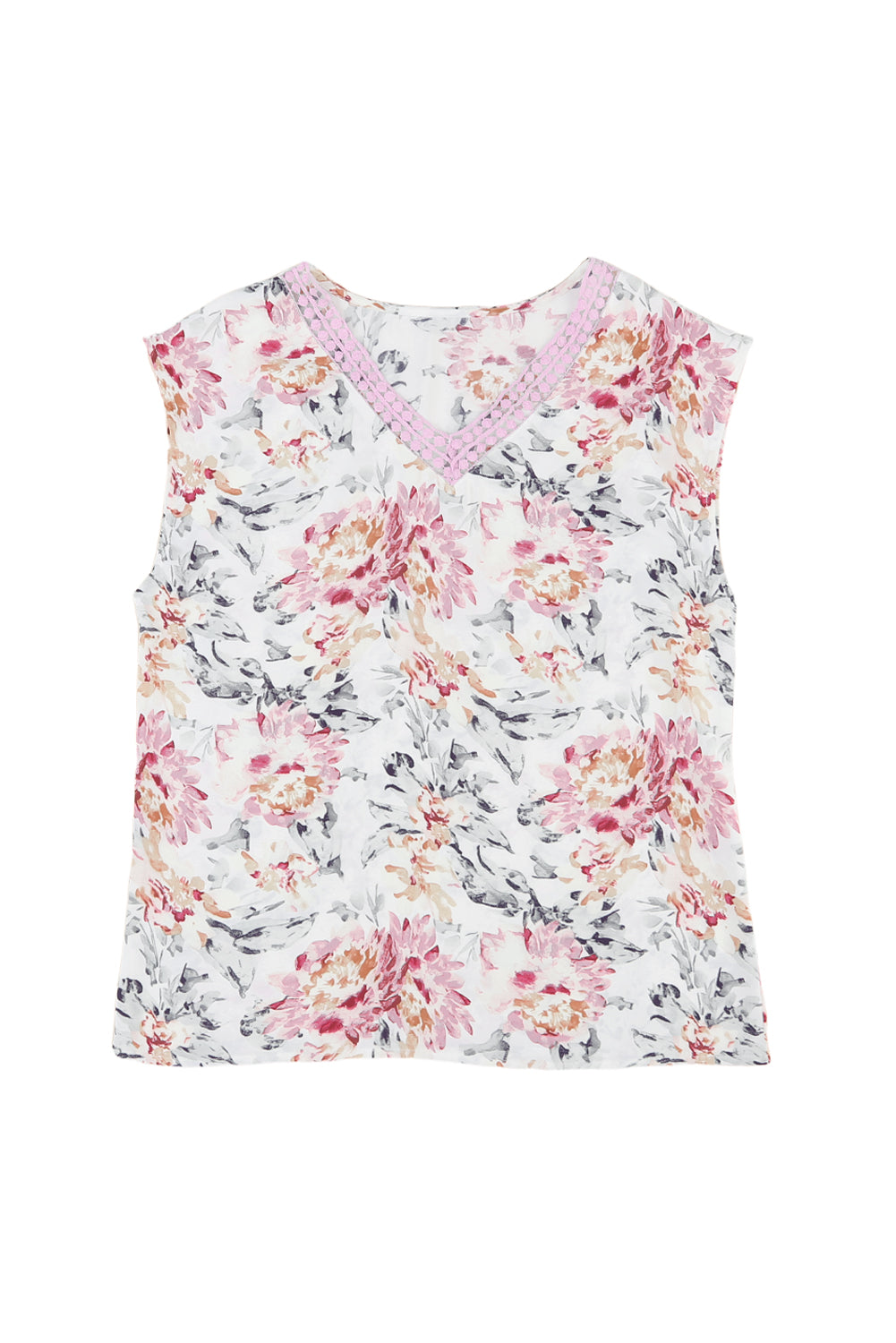 Pink Floral Print Lace Splicing Sleeveless Blouse-8