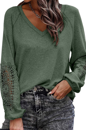 Green Crochet Lace Patch Raglan Sleeve Top-3