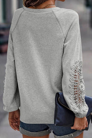 Gray Crochet Lace Patch Raglan Sleeve Top-1