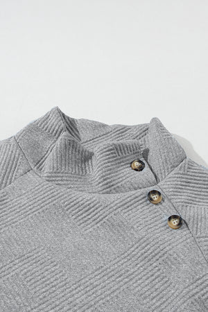 Gray Asymmetric Buttons Detail High Neck Textured Sweatshirt-10