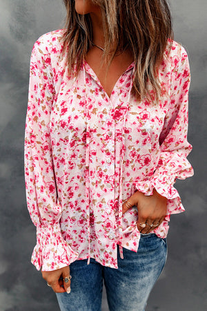 ΑΜΕΣΑ ΔΙΑΘΕΣΙΜΟ:  φούξια φλοράλ μπλουζάκι με κουμπιά και V ντεκολτέ LAWANA PINΚ