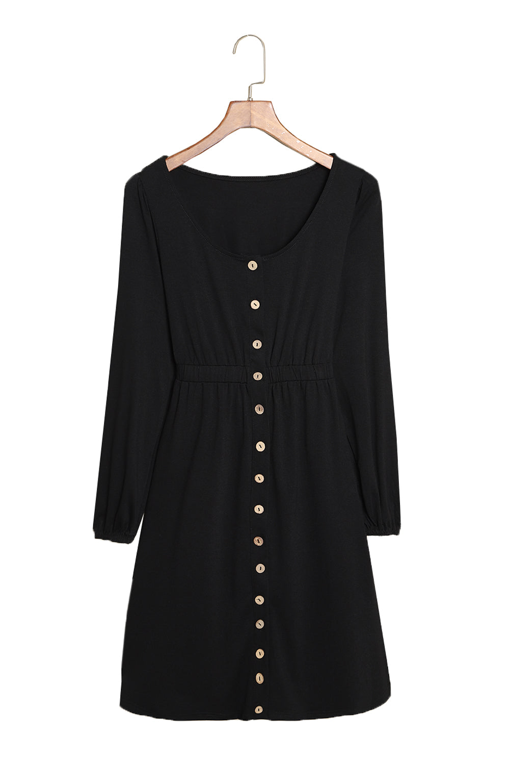 Black Button Up High Waist Long Sleeve Dress-16