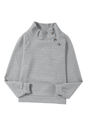 Gray Asymmetric Buttons Detail High Neck Textured Sweatshirt-13