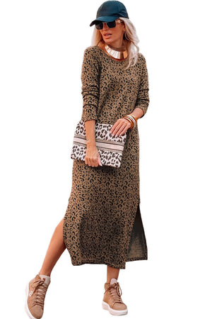 Leopard Round Neck Long Sleeve Split Dress-11