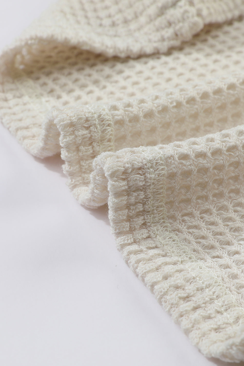 Beige Sunflower Mesh Bubble Sleeve Waffle Knit Top-5