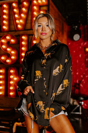 Black Cheetah Animal Print Button Up Satin Shirt-7