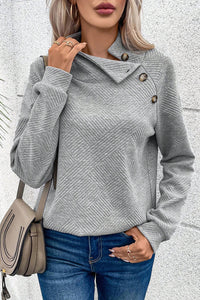 Gray Asymmetric Buttons Detail High Neck Textured Sweatshirt-0