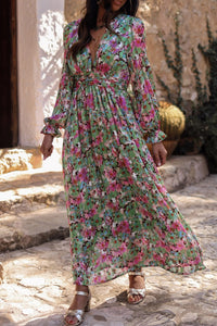 Green Floral Print Deep V Neck Ruched Cinched Waist Maxi Dress-0