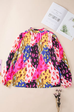 Rose Leopard Patchwork Print Pleated Blouse-9
