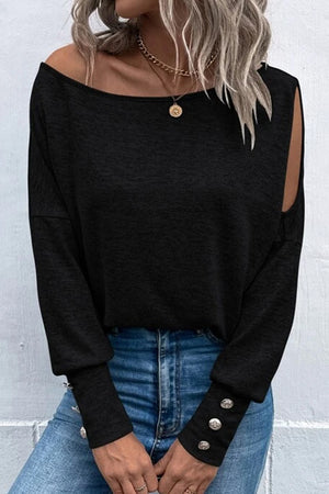 Black Asymmetrical Cut Out Buttoned Long Sleeve Top-2