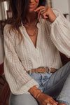 White V-Neck Long Sleeve Button Up Lace Shirt-0