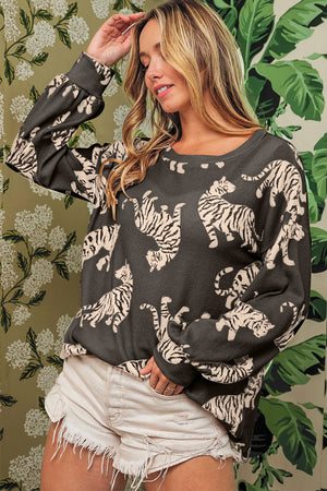 Lively Tiger Print Casual Sweatshirt-2