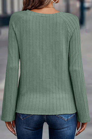 Green Ribbed Round Neck Knit Long Sleeve Top-1