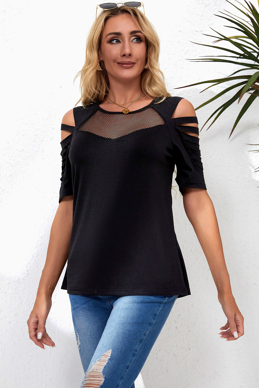 Black Fishnet Splicing Strappy Cutout Shoulder Sleeve Top-5
