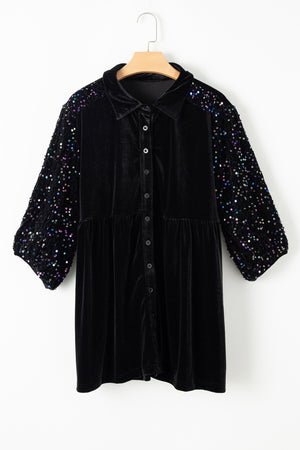 Black Sequin Puff Sleeve Buttoned Velvet Peplum Shirt-9