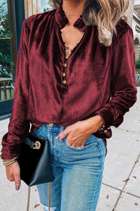 Biking Red Frilled Neck Buttoned Front Velvet Top-0