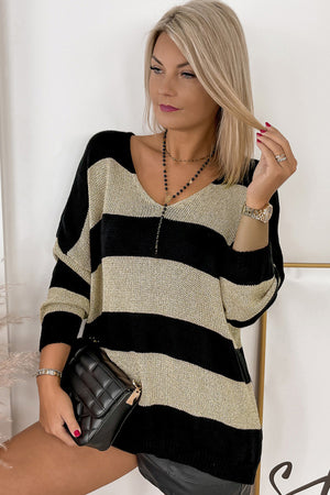 Black Contrast Striped V Neck Loose Sweater-2