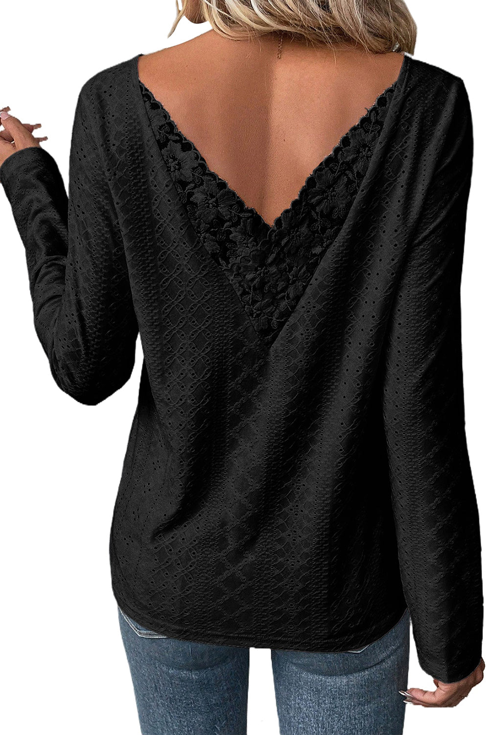 Black Floral Lace Splicing Eyelet Long Sleeve Top-3