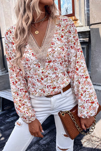 White Floral Long Sleeve Lace V-Neck Blouse-0