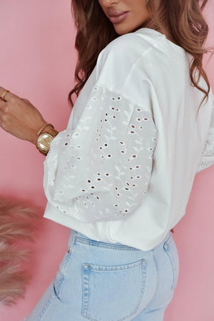 White V-neck Embroidered Patchwork Puff Sleeve Blouse-1